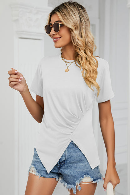 Ruched Round Neck Short Sleeve T-Shirt - Fashion Finder Hub