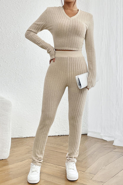 Ribbed V-Neck Long Sleeve Cropped Top and Pants Set - Fashion Finder Hub
