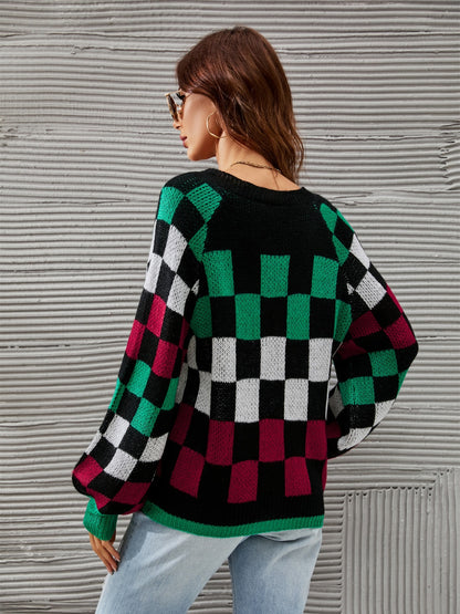 Checkered V-Neck Lantern Sleeve Sweater - Fashion Finder Hub
