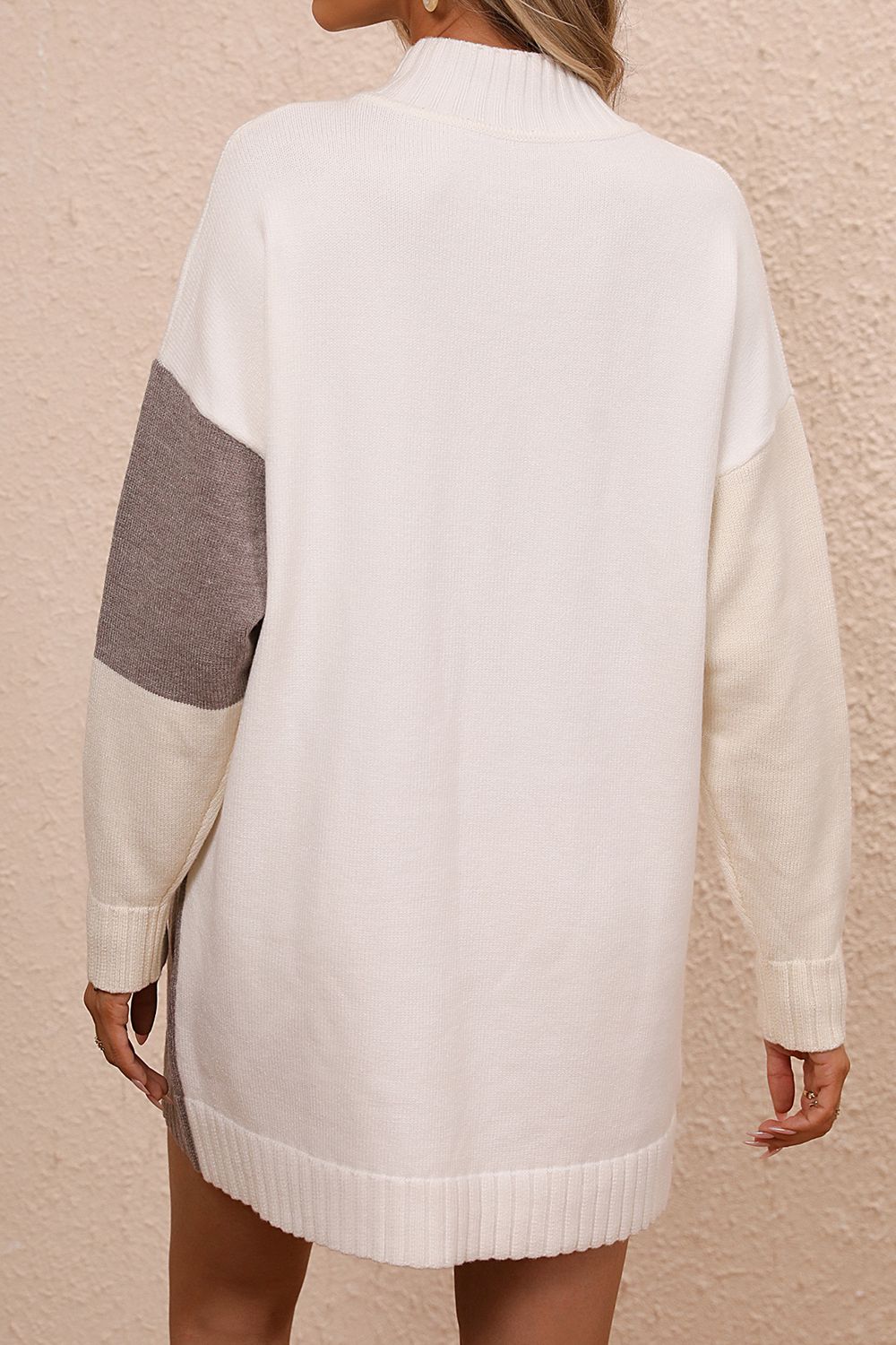 Color Block Mock Neck Dropped Shoulder Sweater Dress - Fashion Finder Hub