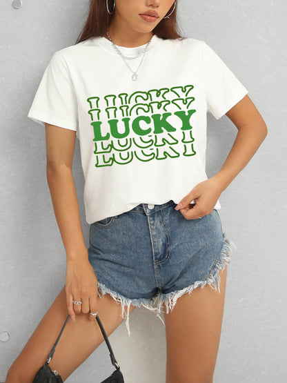 LUCKY Round Neck Short Sleeve T-Shirt - Fashion Finder Hub