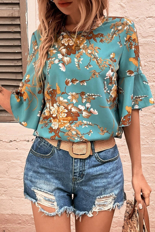Printed Round Neck Half Sleeve Blouse - Fashion Finder Hub