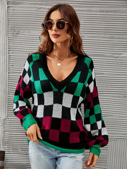 Checkered V-Neck Lantern Sleeve Sweater - Fashion Finder Hub