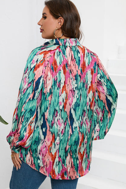 Plus Size Printed Johnny Collar Long Sleeve Blouse - Fashion Finder Hub