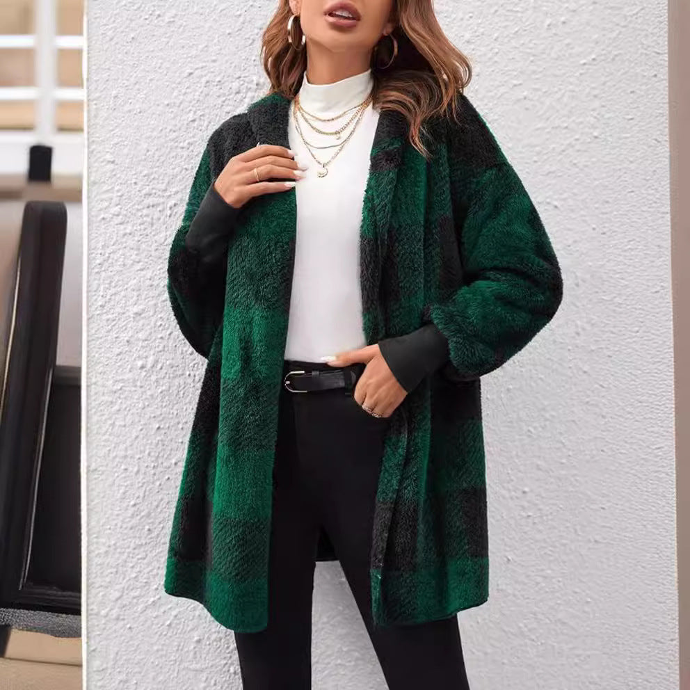 Loose Plaid Color Stitching Knitted Cardigan Sweater