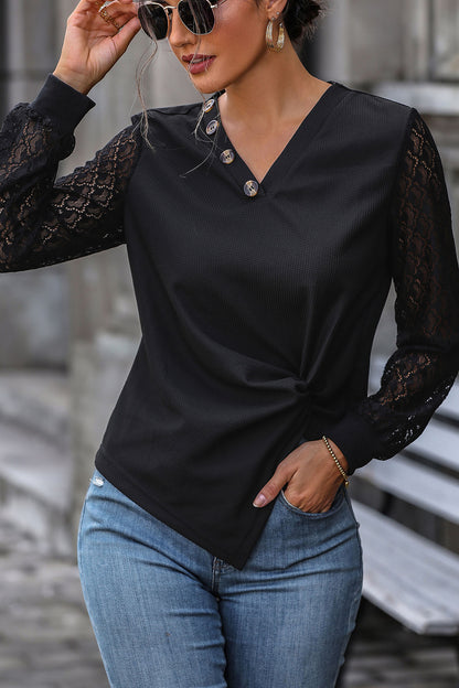 Twisted Decorative Button Long Sleeve T-Shirt - Fashion Finder Hub