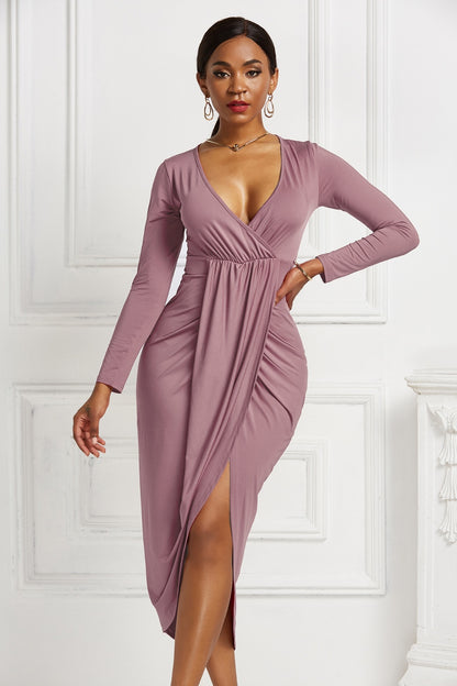 High-low Ruched Surplice Long Sleeve Dress - Fashion Finder Hub