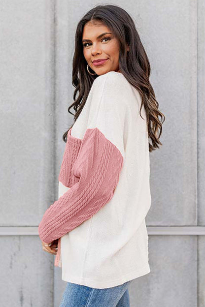 Full Size Color Block Cable-Knit Tops - Fashion Finder Hub