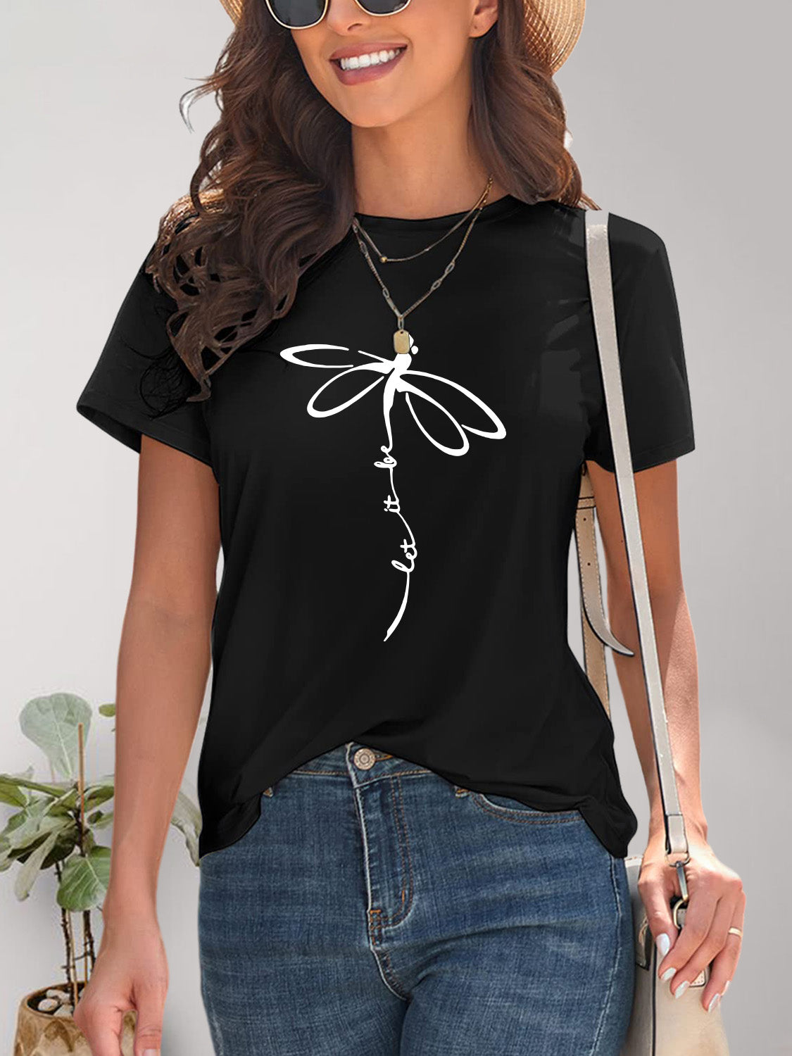 Dragonfly Graphic Round Neck Short Sleeve T-Shirt - Fashion Finder Hub