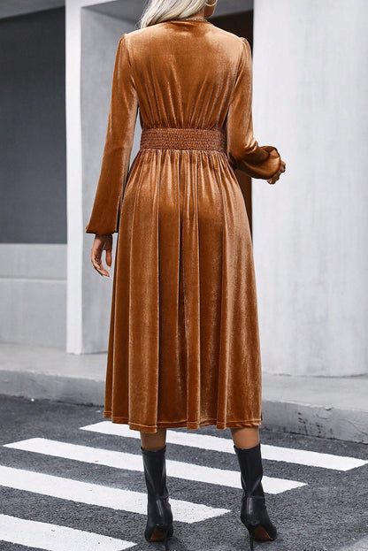 Surplice Balloon Sleeve Smocked Midi Dress - Fashion Finder Hub