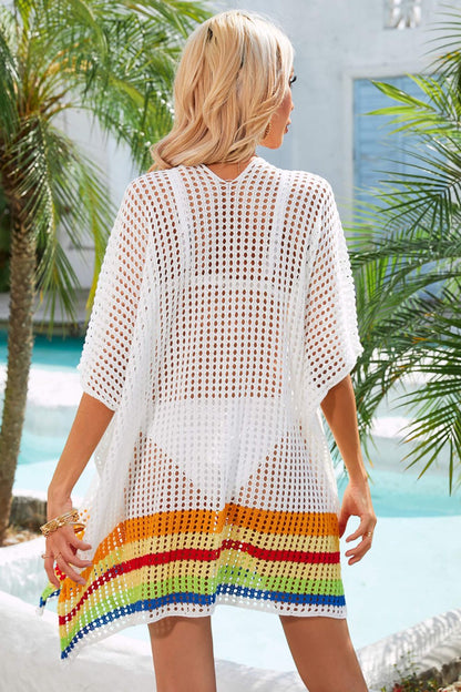 Rainbow Stripe Openwork Slit Cover-Up - Fashion Finder Hub