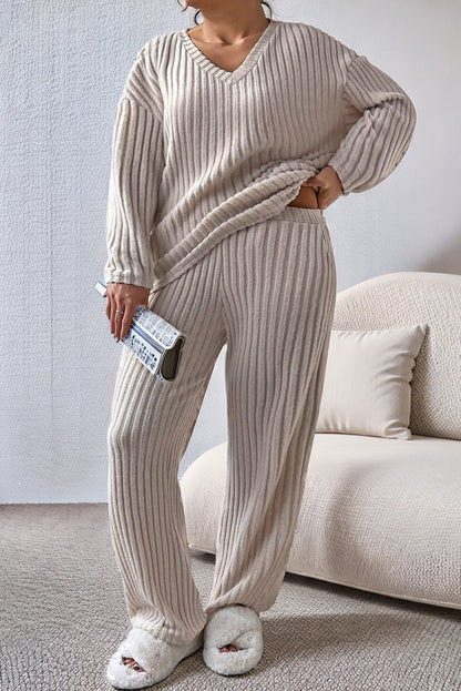 Plus Size Ribbed V-Neck Drop Shoulder Top and Pants Set - Fashion Finder Hub