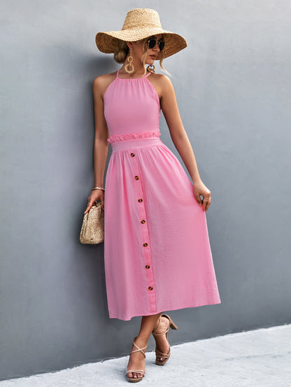 Buttoned Halter Neck Frill Trim Midi Dress - Fashion Finder Hub