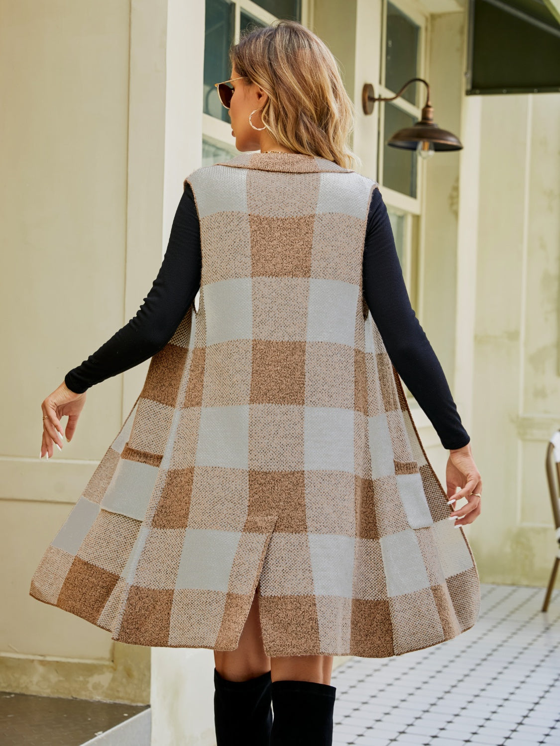 Plaid Lapel Collar Sleeveless Cardigan - Fashion Finder Hub