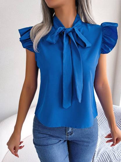 Tie  Neck Cap Sleeve Blouse - Fashion Finder Hub