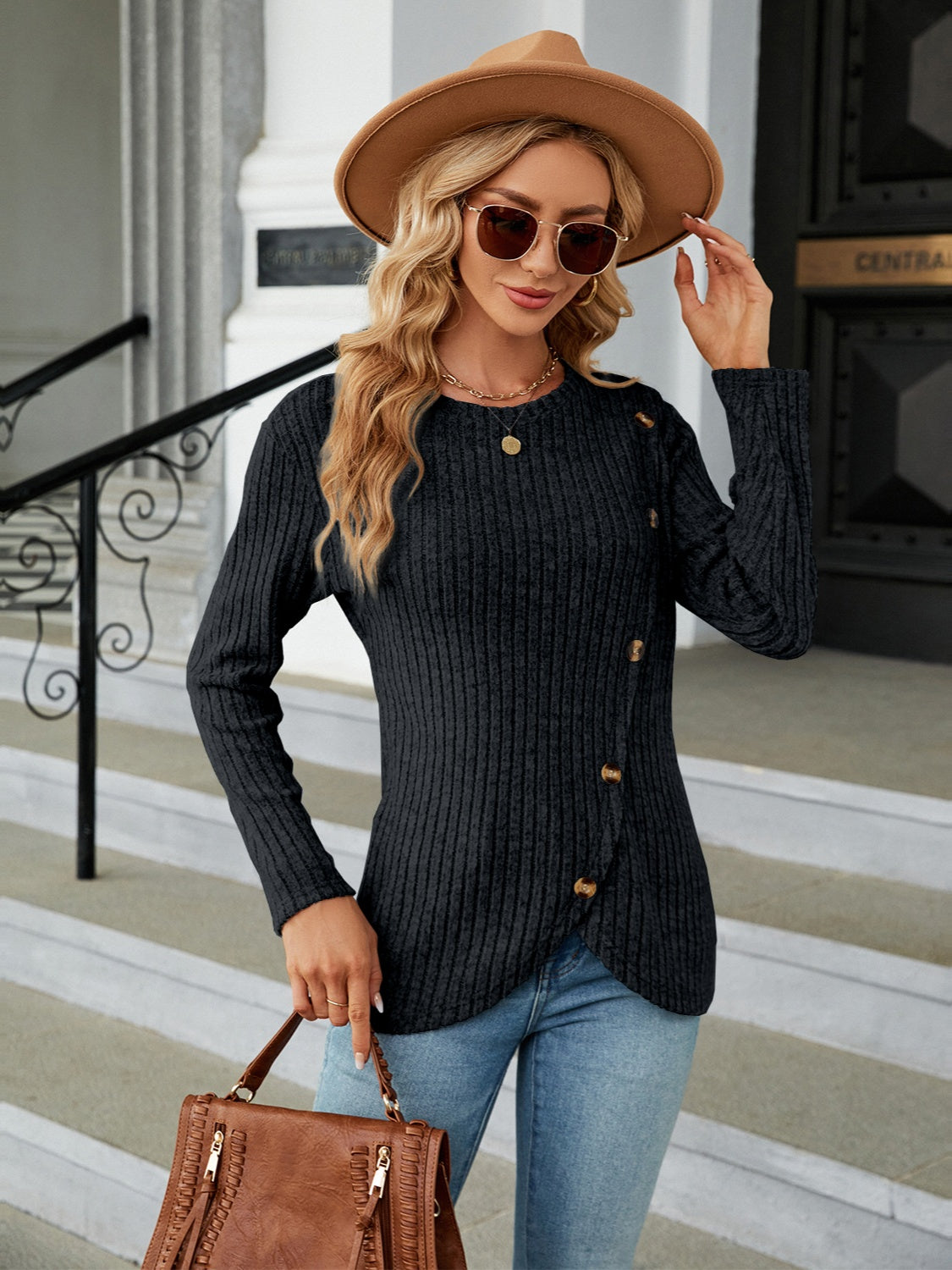 Round Neck Long Sleeve Blouse