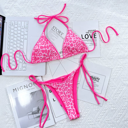Leopard Print Halter Neck Tie Side Bikini Set - Fashion Finder Hub