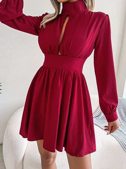 Cutout Turtleneck A-Line Mini Dress - Fashion Finder Hub