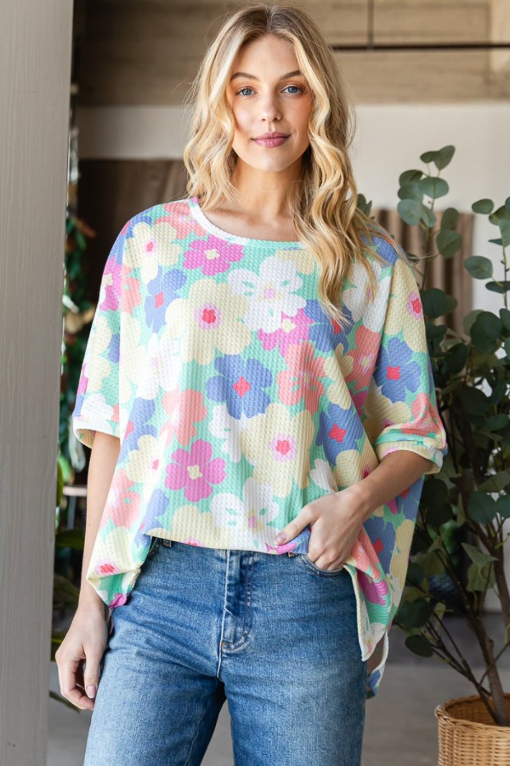 HOPELY Floral Waffle Oversized T-Shirt - Fashion Finder Hub