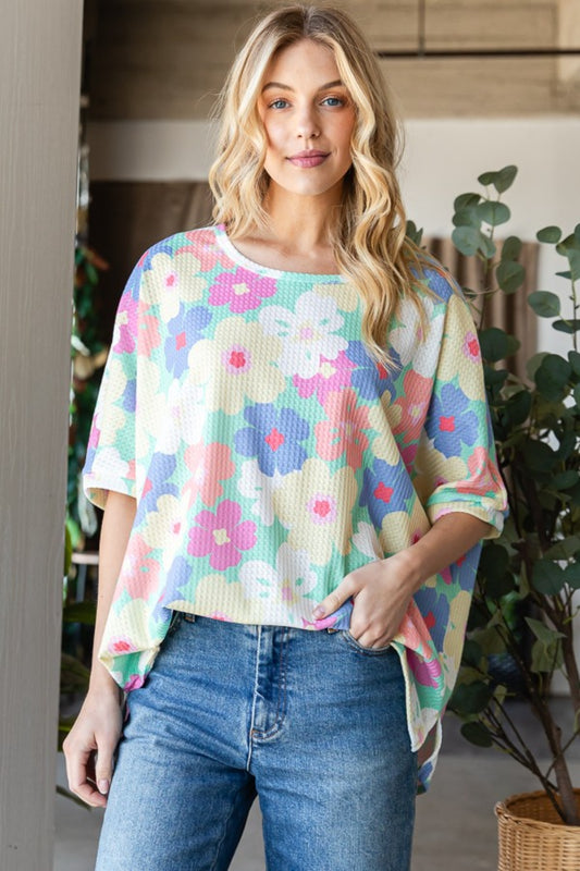 HOPELY Floral Waffle Oversized T-Shirt - Fashion Finder Hub