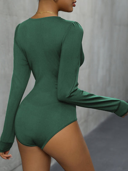 Lace Detail Plunge Long Sleeve Bodysuit - Fashion Finder Hub