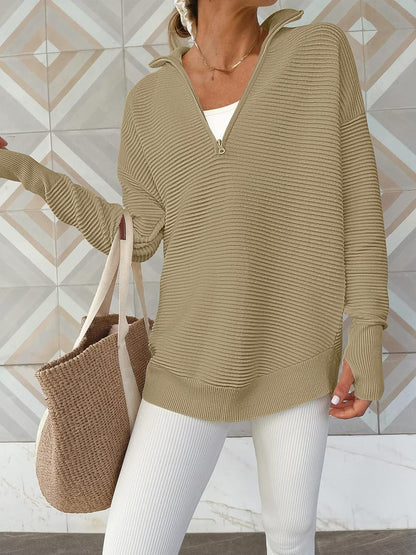 Half Zip Long Sleeve Knit Top - Fashion Finder Hub