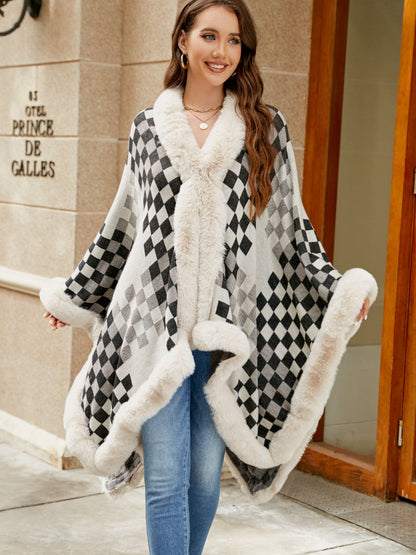 Checkered Faux Fur Trim Poncho - Fashion Finder Hub