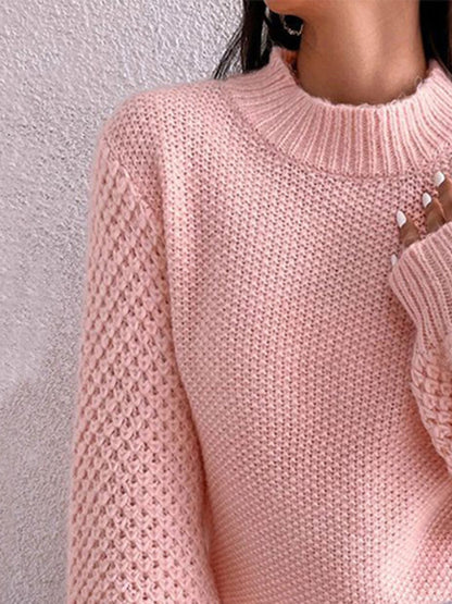 Openwork Mock Neck Long Sleeve Sweater - Fashion Finder Hub