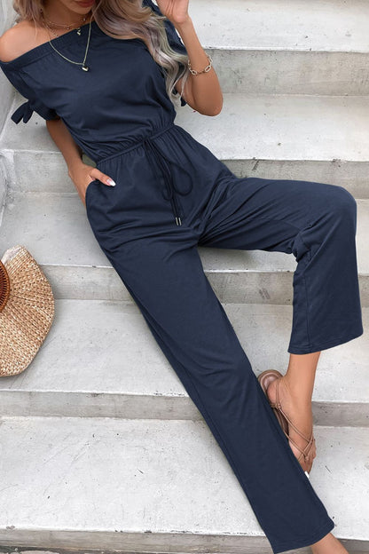 Off-Shoulder Tie Cuff Jumpsuit with Pockets - Fashion Finder Hub