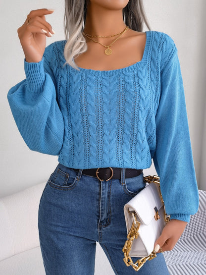 Cable-Knit Square Neck Long Sleeve Sweater - Fashion Finder Hub