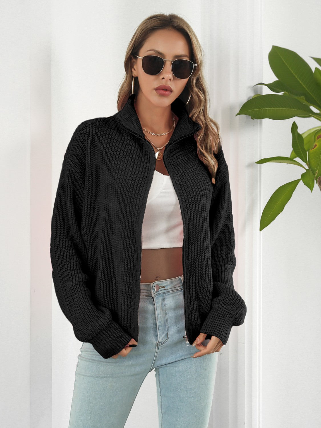 Turtleneck Zip Up Long Sleeve Knit Top