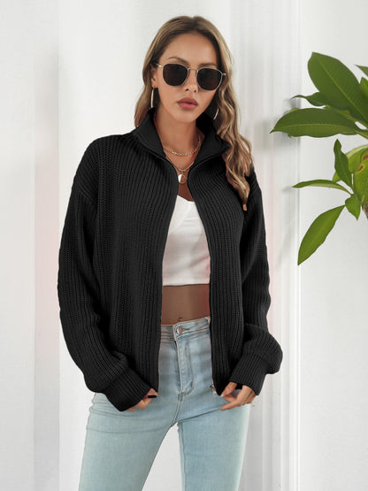 Turtleneck Zip Up Long Sleeve Knit Top - Fashion Finder Hub