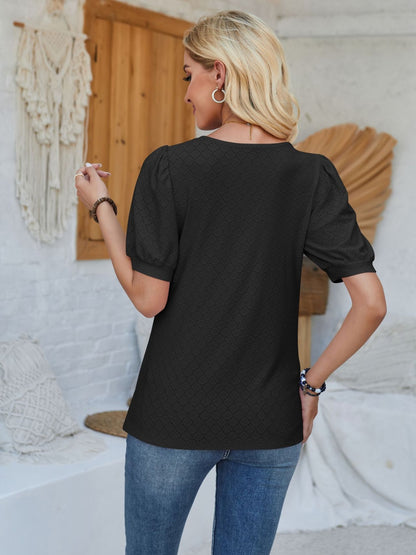 Eyelet Asymmetrical Neck Short Sleeve T-Shirt - Fashion Finder Hub