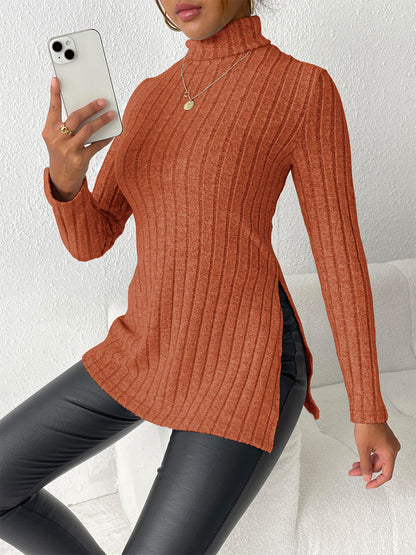 Ribbed Turtleneck Long Sleeve Slit T-Shirt - Fashion Finder Hub
