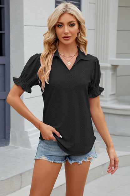 Eyelet Johnny Collar Short Sleeve Blouse - Fashion Finder Hub