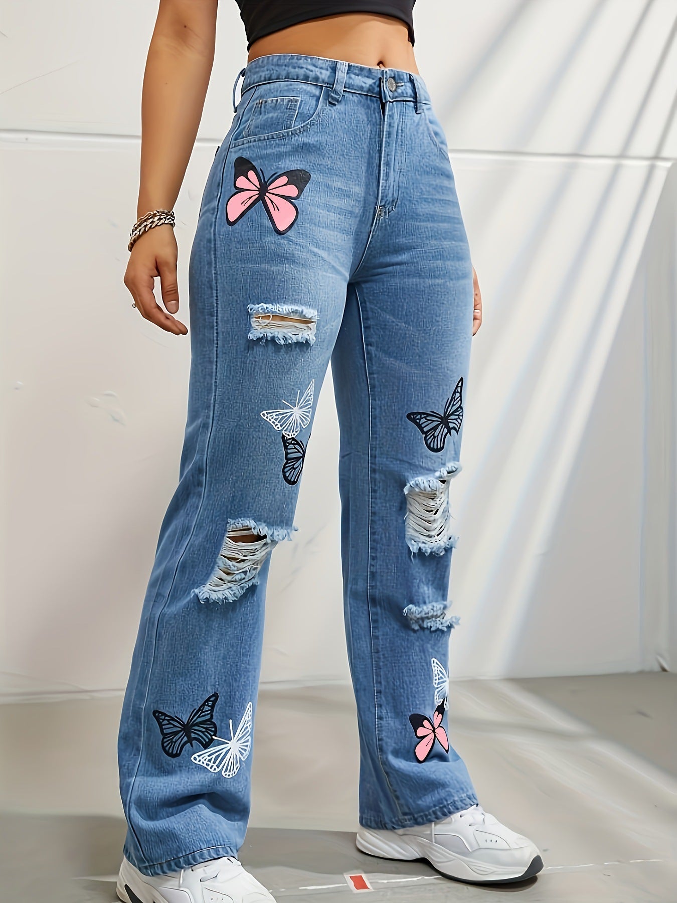 Buy Best Bestie Butterfly Print Ripped Distressed Denim (High Waist Jeans)