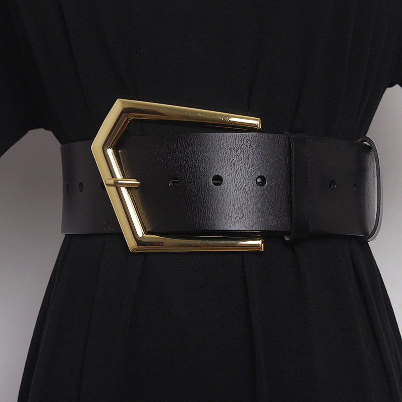 Concave Shape Large Pin Buckle Cowhide Wide Belt