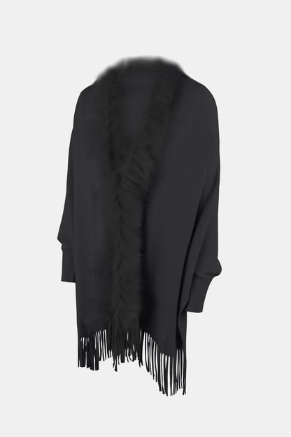 Fringe Open Front Long Sleeve Poncho - Fashion Finder Hub