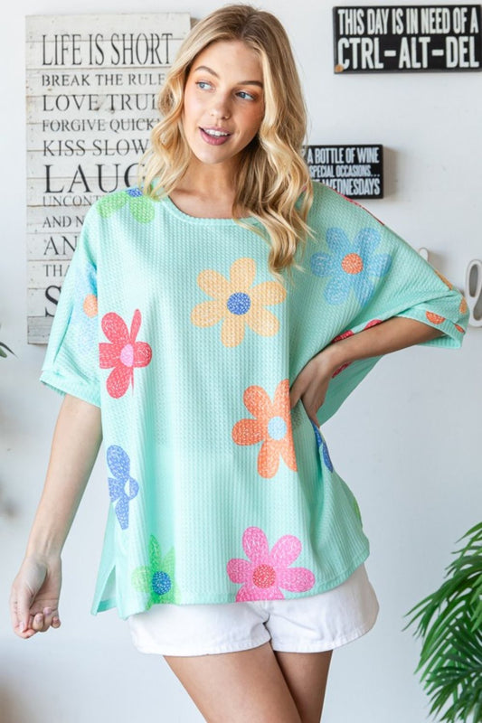 HOPELY Floral Waffle Oversize T-Shirt - Fashion Finder Hub