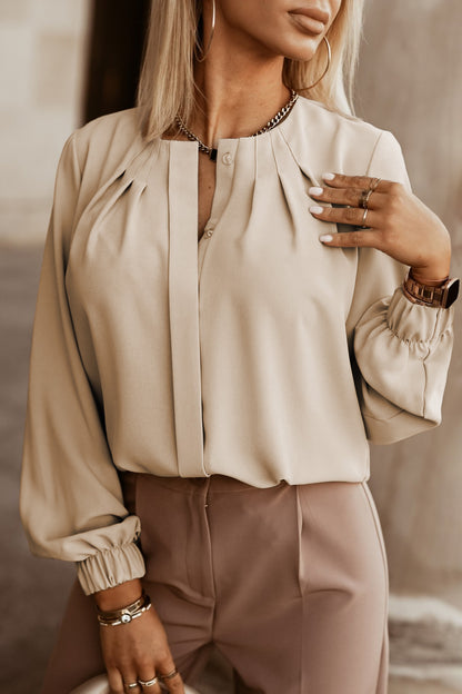 Button Up Round Neck Long Sleeve Shirt - Fashion Finder Hub