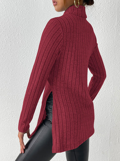 Ribbed Turtleneck Long Sleeve Slit T-Shirt - Fashion Finder Hub