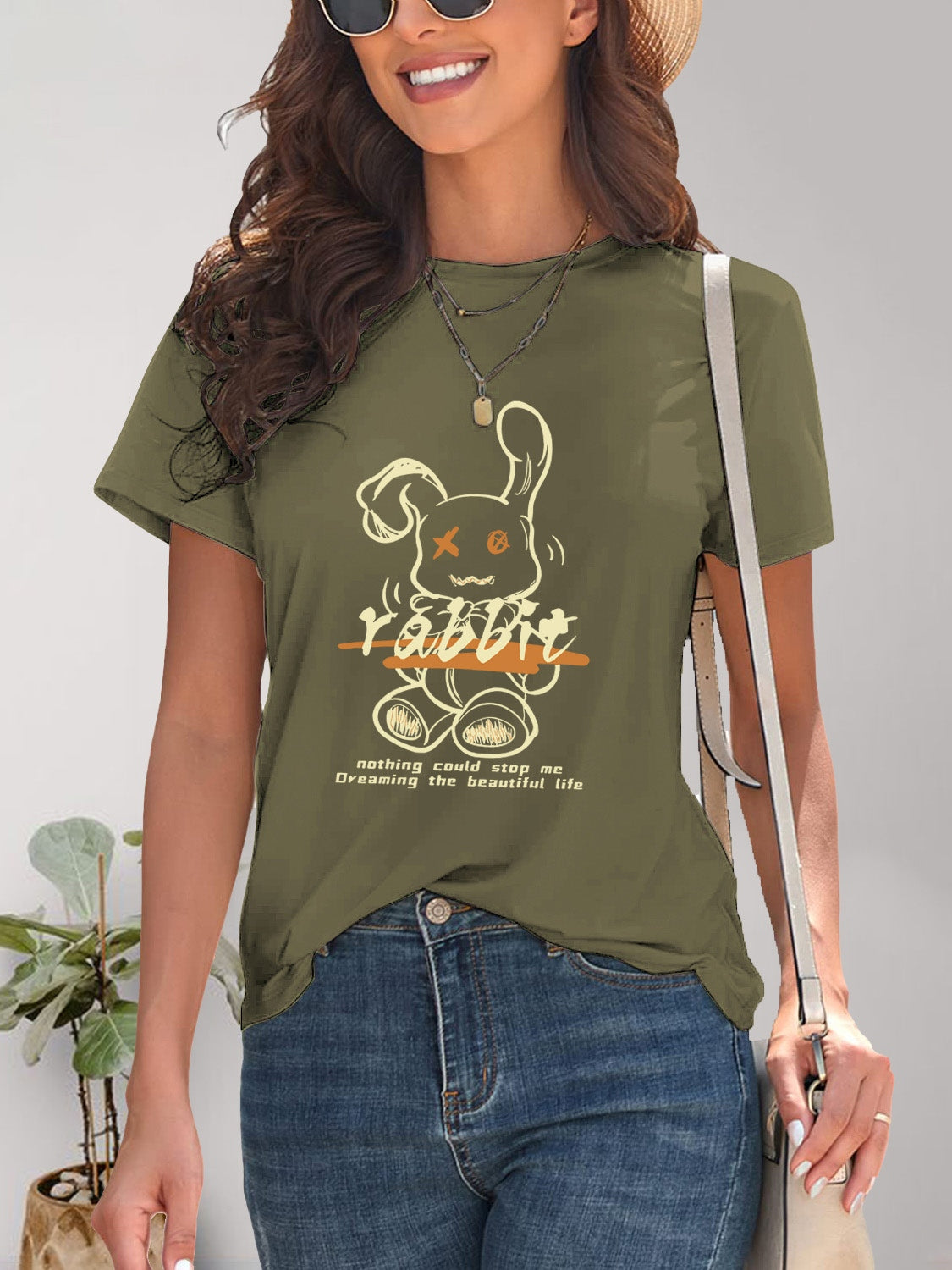 Rabbit Graphic Round Neck Short Sleeve T-Shirt - Fashion Finder Hub