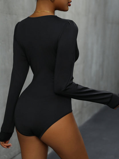 Lace Detail Plunge Long Sleeve Bodysuit - Fashion Finder Hub