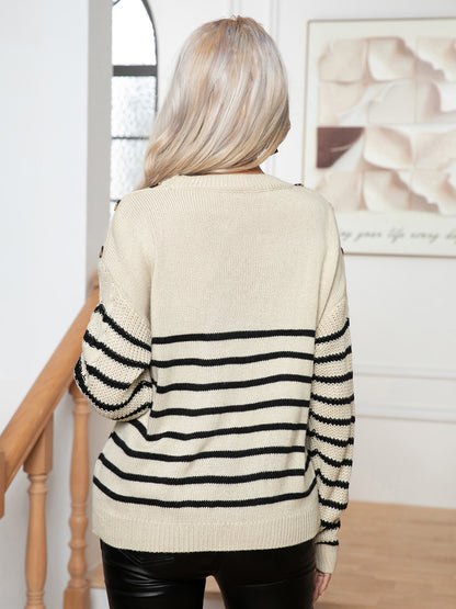 Striped Round Neck Cable-Knit Sweater - Fashion Finder Hub
