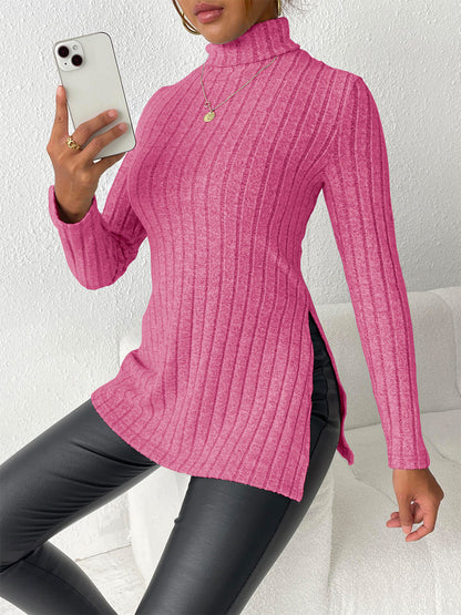 Ribbed Turtleneck Long Sleeve Slit T-Shirt - Fashion Finder Hub