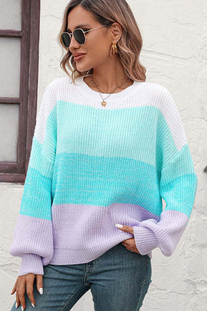 Round Neck Color Block Ribbed Pullover Sweater - Fashion Finder Hub