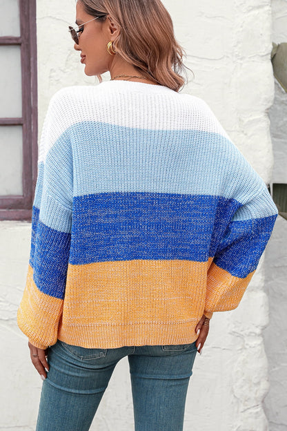 Round Neck Color Block Ribbed Pullover Sweater - Fashion Finder Hub