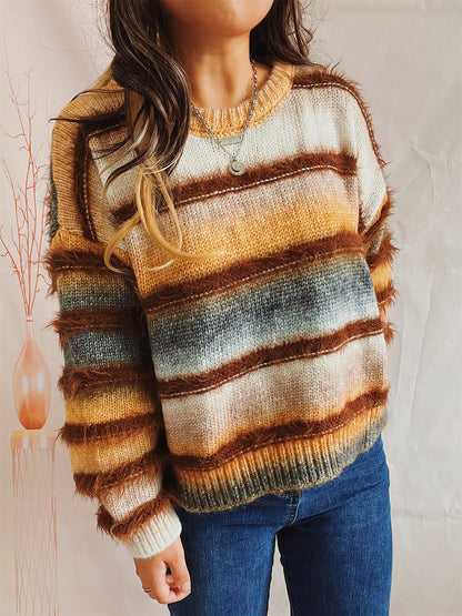 Striped Round Neck Long Sleeve Sweater - Fashion Finder Hub