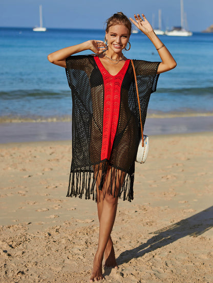 Contrast Fringe Trim Openwork Cover-Up Dress - Fashion Finder Hub