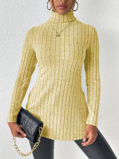 Ribbed Turtleneck Long Sleeve Slit T-Shirt - Fashion Finder Hub